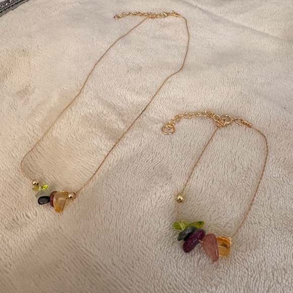 Colorful Gemstone Chip Necklace & Bracelet Set | Stainless Steel Adjustable Boho - Picture 4 of 5